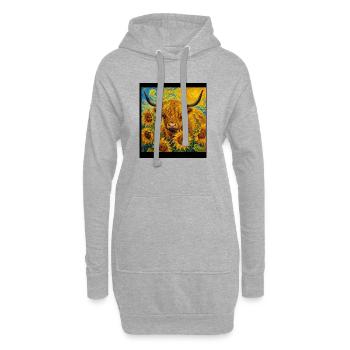 Sonnige Highland-Kuh zwischen Sonnenblumen - Hoodie-Kleid - Grau meliert - Vorne