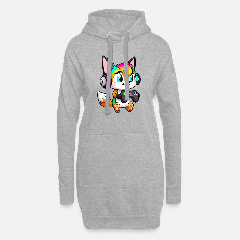 00251 süßer Fuchs mit Headset und Controller - Hoodie-Kleid - Grau meliert