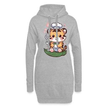 Tiger im Cartoon Stil mit grünem Tee - Hoodie-Kleid - Grau meliert - Vorne