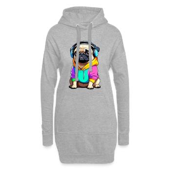 Pug mit Kopfhörer und Kleidung - Hoodie-Kleid - Grau meliert - Vorne