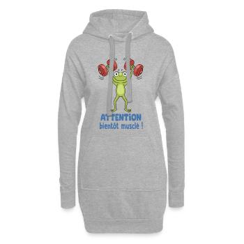 attention bientôt musclé bébé musculation - Sweat-shirt à capuche long Femme - gris chiné - Devant