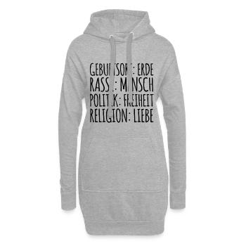 Geburtsort: Erde, Rasse:Mensch Geschenk - Hoodie-Kleid - Grau meliert - Vorne