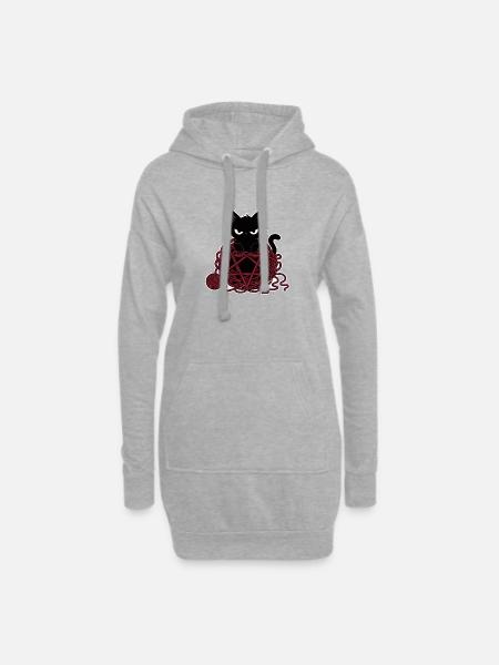 Black cat in a red ball of wool - Hoodie Dress - heather grey