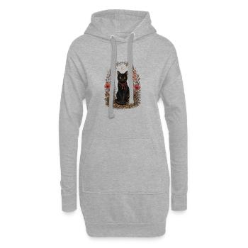 Chat noir en fleur - Sweat-shirt à capuche long Femme - gris chiné - Devant