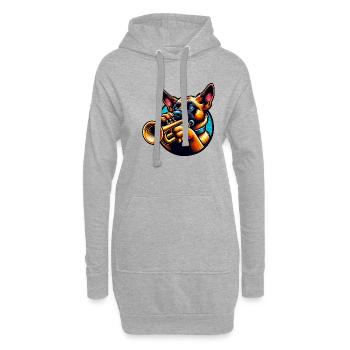 Trompetenspielender Hund Design - Hoodie-Kleid - Grau meliert - Vorne