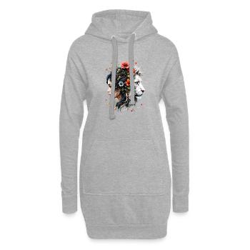 Frau und Löwe in floraler Fusion - Hoodie-Kleid - Grau meliert - Vorne