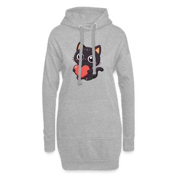 Kawaii schwarze Katze hält ein rotes Herz - Hoodie-Kleid - Grau meliert - Vorne