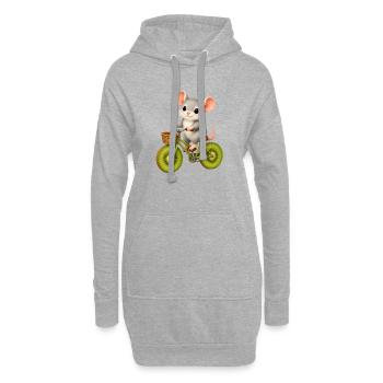 Süße Maus mit Fahrrad und Rädern aus Kiwischeiben - Hoodie-Kleid - Grau meliert - Vorne