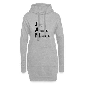 Namensbeschreibung Jan, Geschenkidee, Spruch - Hoodie-Kleid - Grau meliert - Vorne