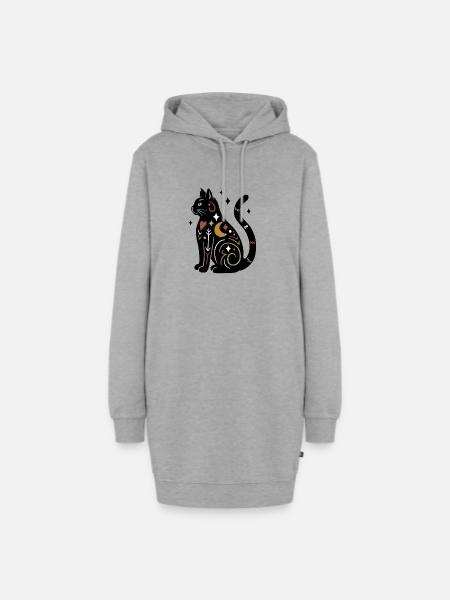 Magische Katze - Schwarz Bunt mit Sternen - Hoodie-Kleid - Grau meliert