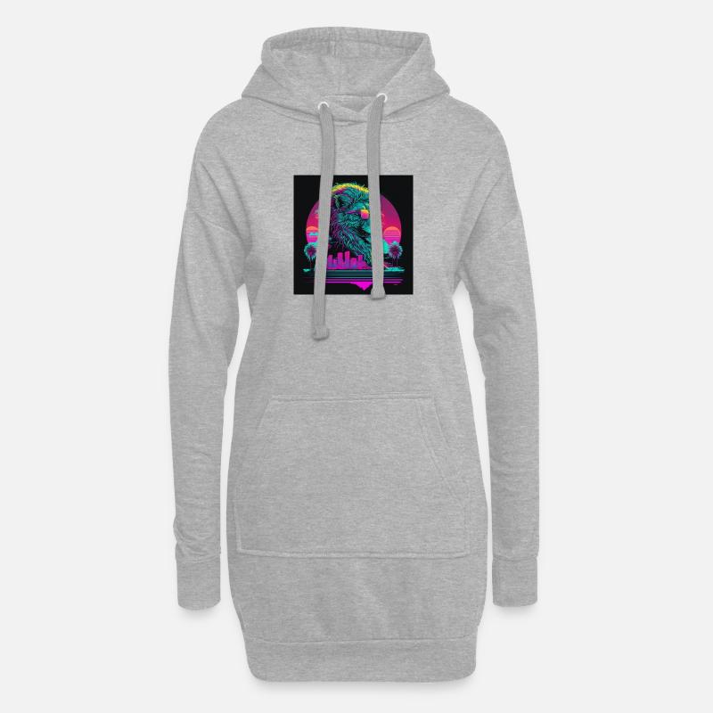Löwe mit Neonfarben, Synthwave / 80er Jahre - Hoodie-Kleid - Grau meliert