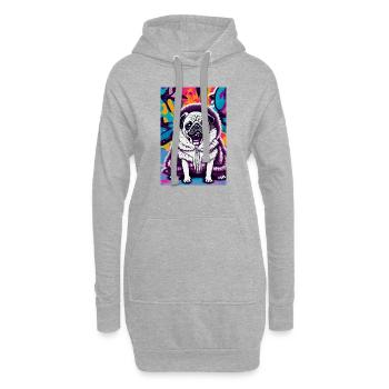Mops im Pelzmantel vor Graffiti-Wall | Pop-Art - Hoodie-Kleid - Grau meliert - Vorne