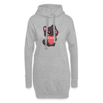 Schwarze Katze mit Herz-Liebe - Hoodie-Kleid - Grau meliert - Vorne