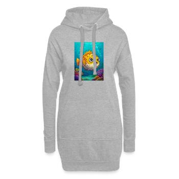 Kugelfisch im Comic-Stil, runder, stacheliger, aufgeblasener Körper - Hoodie-Kleid - Grau meliert - Vorne