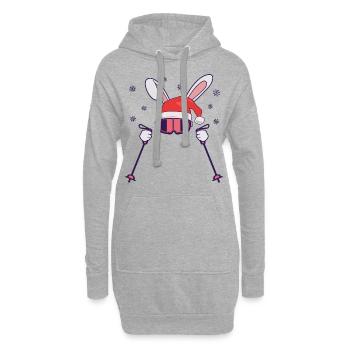 Skihase Skihäschen mit Nikolausmütze und Skistöcke - Hoodie-Kleid - Grau meliert - Vorne
