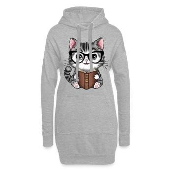 Niedliche Kawaii Katze mit Brille und Buch - Hoodie-Kleid - Grau meliert - Vorne