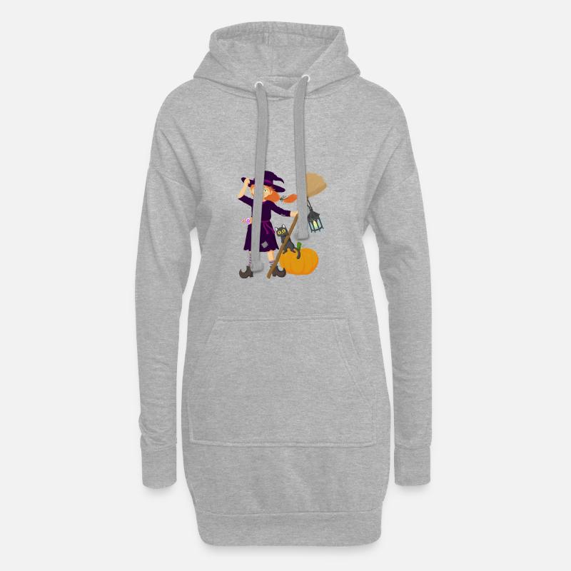 Sorcière avec balai et chat - Sweat-shirt à capuche long Femme - gris chiné