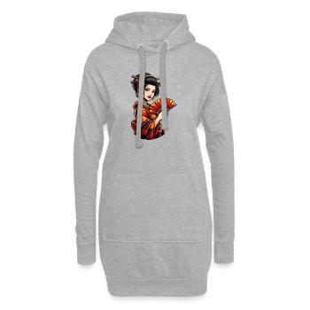 Geisha en kimono rouge avec éventail - Sweat-shirt à capuche long Femme - gris chiné - Devant