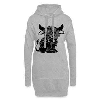 Schwarze langhaarige Kuh - Hoodie-Kleid - Grau meliert - Vorne