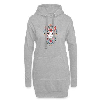 Blumenkatzenkopf im FolkStil - Hoodie-Kleid - Grau meliert - Vorne