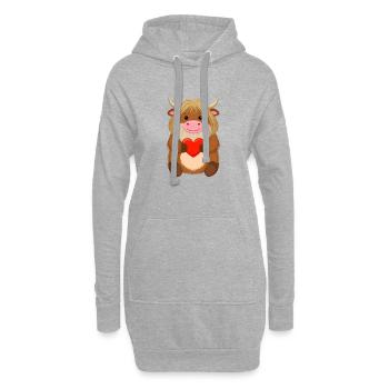 Comic Highland Kuh mit rotem Herz – Liebe Art - Hoodie-Kleid - Grau meliert - Vorne
