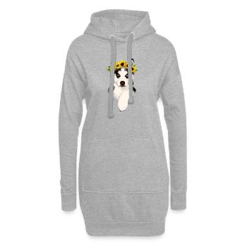 Husky mit Sonnenblumenkranz - Hoodie-Kleid - Grau meliert - Vorne
