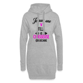je suis chasseuse qui déchire et fille - Sweat-shirt à capuche long Femme - gris chiné - Devant