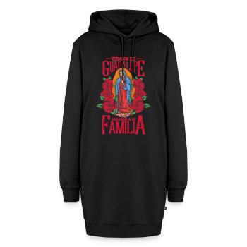 Mary of Guadalupe and text in Spanish: Proteje a - Hoodie-Kleid - Schwarz - Vorne - AI Model Female 172 light (172cm)