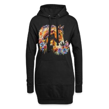 Pferd mit seinem Fohlen - Hoodie-Kleid - Schwarz - Vorne