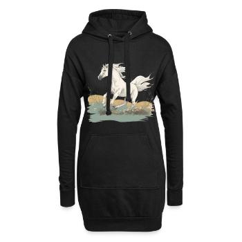 Realistisches Gemälde im Stil des weißen Pferdes auf einer Wiese - Hoodie-Kleid - Schwarz - Vorne