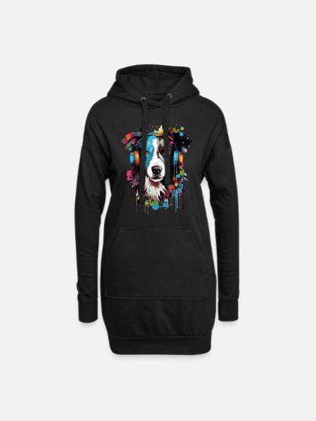 Kolorowe Border Collie Rozpryski Farb - Długa bluza z kapturem - czarny