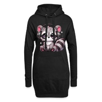 Niedlicher Waschbär mit Kopfhörern Cartoon - Hoodie-Kleid - Schwarz - Vorne