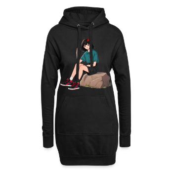 Fille rétro avec illustration de noeud rouge - Sweat-shirt à capuche long Femme - noir - Devant