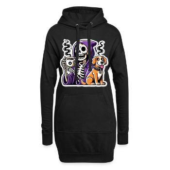 Skelett Kaffee Liebhaber mit Hund - Hoodie-Kleid - Schwarz - Vorne