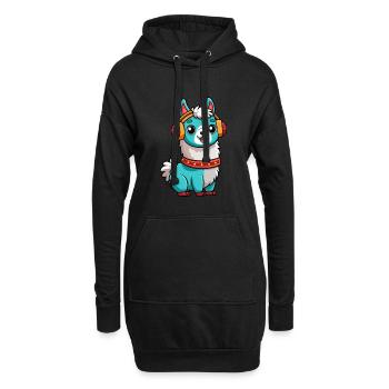 Lama Lustige Zeichentrickfigur Kopfhörer Musik - Hoodie-Kleid - Schwarz - Vorne