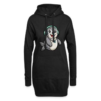 Siegel Lustige Zeichentrickfigur Kopfhörer Musik - Hoodie-Kleid - Schwarz - Vorne