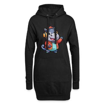 Nilpferd Lustige Zeichentrickfigur Kopfhörer Musik - Hoodie-Kleid - Schwarz - Vorne