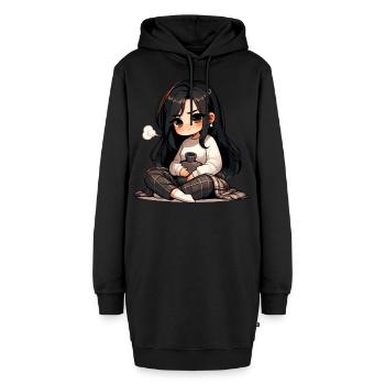 Gemütlicher Anime-Stil mit Wärmflasche - Hoodie-Kleid - Schwarz - Vorne - AI Model Female 172 light (172cm)