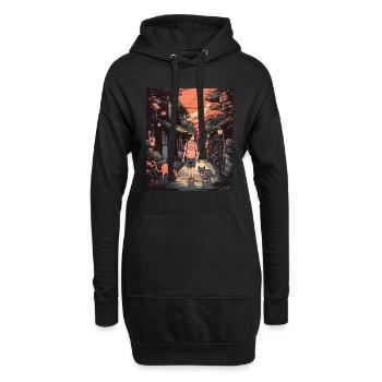 Lofi Japan Street Design with Girl and Cat - Cozy - Hoodie-Kleid - Schwarz - Vorne