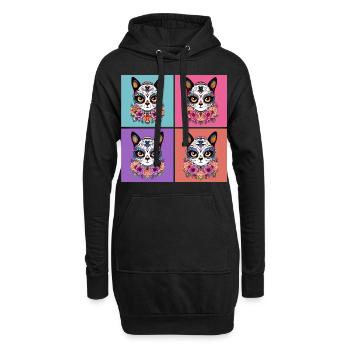 Kawaii Katze Zuckerschädel - Hoodie-Kleid - Schwarz - Vorne