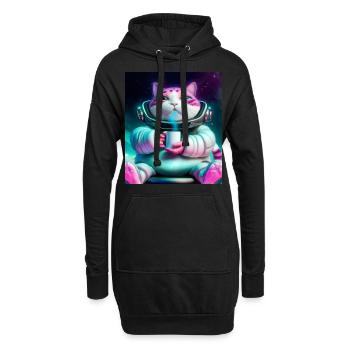 Dicke Katze trinkt Tee im Weltall - Hoodie-Kleid - Schwarz - Vorne