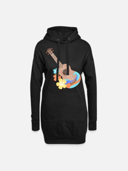 Brown-Wellenmusterukulele mit Hibiscusblumen - Hoodie-Kleid - Schwarz
