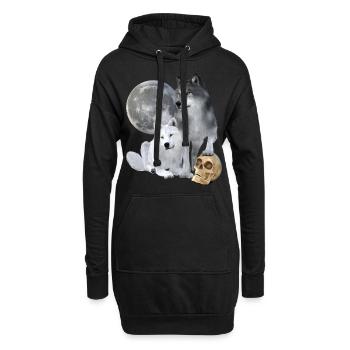 Loups, blancs, gris, lune, crâne - Sweat-shirt à capuche long Femme - noir - Devant