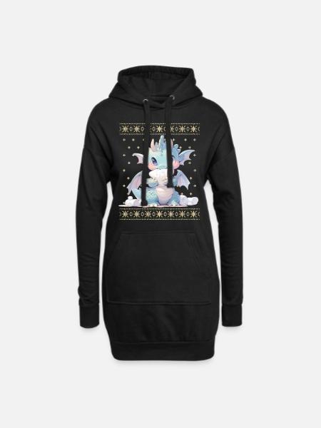 Kawaii Drachen im Ugly Christmas Sweater Style - Hoodie-Kleid - Schwarz