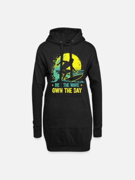 Surfer Ride the Wave – Own the Day Spruch - Hoodie-Kleid - Schwarz