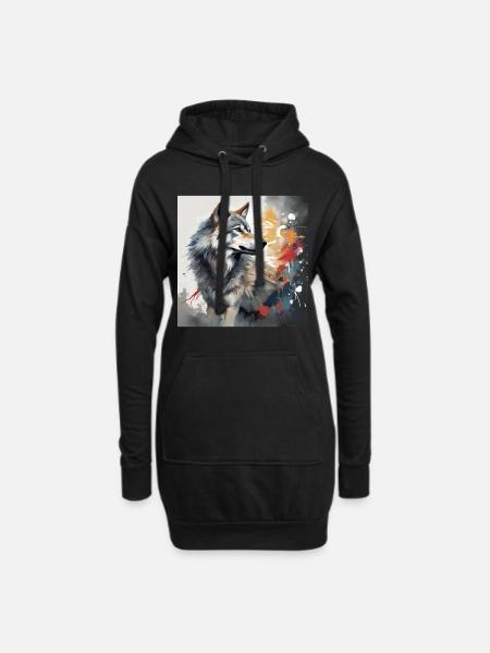 Gemalter Wolf -Tierbild - Wolf T-Shirt kunstvoll - Hoodie-Kleid - Schwarz