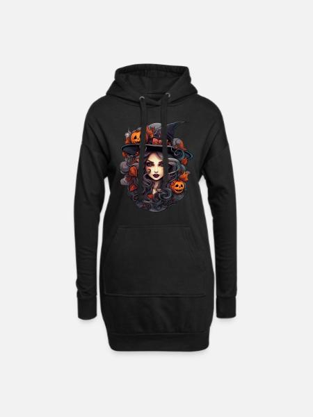Schöne Hexe im Anime-Stil, Halloween - Hoodie-Kleid - Schwarz