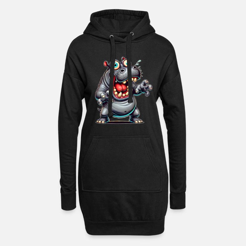 Crazy Nilpferd Comic Stil lustiges Tier Motiv - Hoodie-Kleid - Schwarz