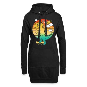 Cartoon Saurier mit erstem Zahn auf Skateboard. - Hoodie-Kleid - Schwarz - Vorne