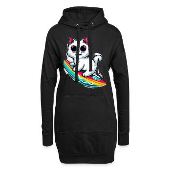 Weiße Katze auf buntem Surfboard - Hoodie-Kleid - Schwarz - Vorne